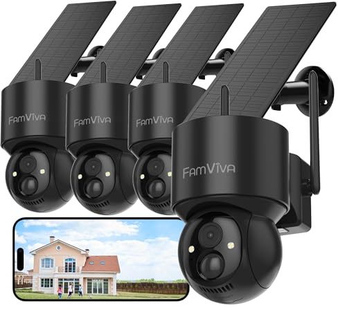 FAMVIVA 2K Solar Security Cameras Wireless Outdoor, 360°PTZ Battery Powered Cameras for Home Security, 2.4G WiFi Outdoor Camera with Color Night Vision, IP66 Waterproof, Motion Sensor Alarm, Black-4P