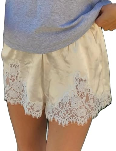 FeMereina Pantalones cortos de seda satinada para mujer, con ribete de encaje, mini pantalones cortos sedosos, de talle bajo, coqueta, para descansar