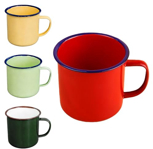 Nimblyne 4er-Set Emaille Tasse 350 ml: Wiederverwendbar & Tragbar Kaffeebecher Emaille Retro mit Henkel, Rot/Armeegrün/Hellgrün/Hellgelb Enamel Mug für Zuhause, Büro, Reisen, Camping