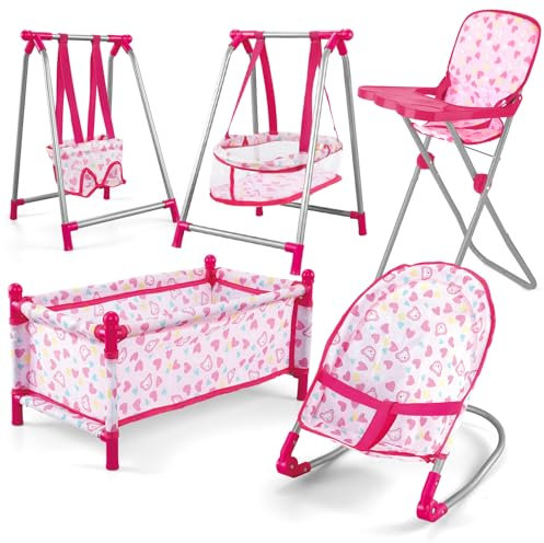 deAO 5-in-1 Babypuppen-Spielset mit Hochstuhl, Bett, Schaukel und Schaukelstuhl, Babypuppen-Set für Realistisches Rollenspiel, Geschenk für Mädchen ab 3 Jahren, Rosa (No Puppen)