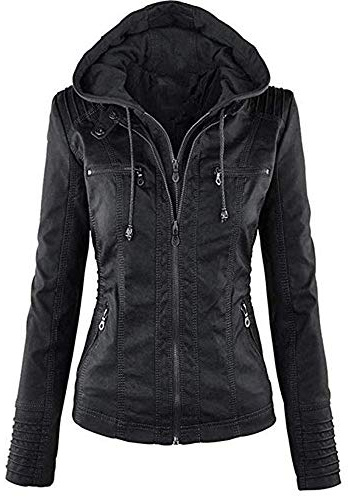 Newbestyle Damen Lederjacke mit Reißverschluss Kurzer Kapuzenmantel, Schwarz , 42
