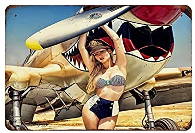 KEYGAMER Sexy Beauty Leaning On The Plane Metal Tin Sign, Vintage Plaque Poster Garage Bar Home Wall Decor 8 X 12 Inches
