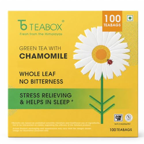 Teabox 100 bolsas de té verde de manzanilla, con flores de manzanilla egipcia y té verde de hoja entera, mezcla calmante para relajación y sueño, baja cafeína, fresco y aromático