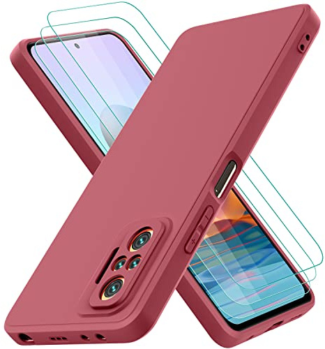 Oureidoo Cover per Xiaomi Redmi Note 10 Pro con 3 Pezzi Pellicola Vetro Temperato, Custodia in Morbida Silicone Liquido, Sottile e Antiurto con Rivestimento in Microfibra AntiGraffio, Rosso