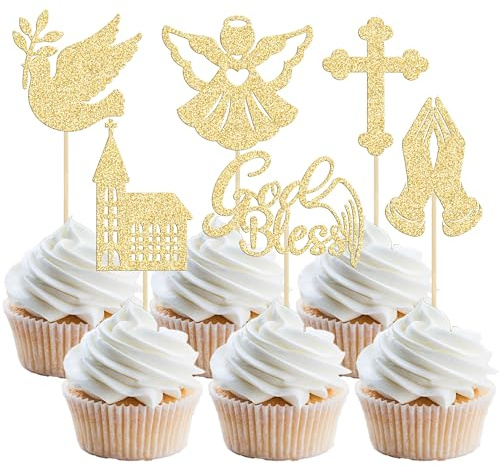Gyufise Paquete de 24 adornos para magdalenas con texto en inglés Bendición de Dios y Bautismo con texto Dove Cross Angel Church para magdalenas, decoraciones para tartas de cumpleaños y fiestas