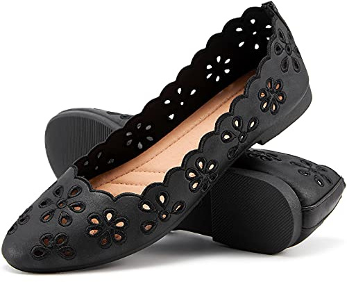 FRACORA Women's Ballet Flats Black PU Leather Dress Shoes Comfortable Round Toe Slip on Flats with Breathable Eyelets(Black.US8.5)
