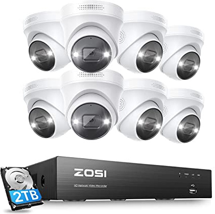 ZOSI 4K Sistema de Cámara de Vigilancia Seguridad PoE 8CH 8MP H.265+ Grabador y 2TB Disco Duro con 8pcs Cámara IP Exterior, Visión Nocturna en Color, Alarma de Movimiento, Audio Bidireccional