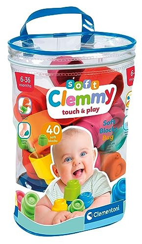 Clementoni Baby Soft Blocks - Clemmy Bag 40 Pieces - Soft Building Blocks, Clemmy Blocks for Kids 6 Months, Bricks Washable, Construction Set, Development & Activity Toy, Made In Italy, 17878