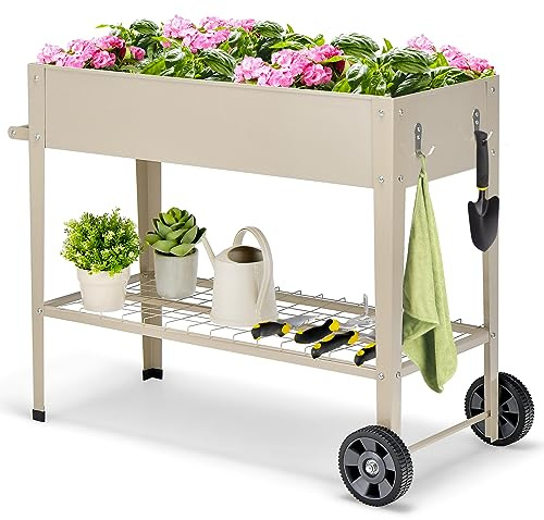 HOMASIS Hochbeet mit Ablage aus Netz & 2 Rollen, Blumenbeet aus Metall, erhöhtes Gartenbeet mit 2 Haken & Griff, Frühbeet Blumenkasten hoher Rollwagen für Garten Balkon Terrasse, 95 x 40 x 80cm, Beige