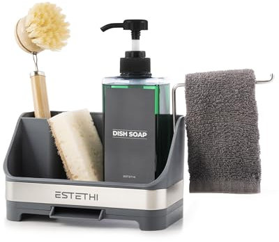 ESTETHI Kitchen Sink Organiser with Soap Dispenser – Grey Sink Caddy with Cloth Hanger, Sponge Holder, Removable Draining Tray – Minimal and Space-Saving Design