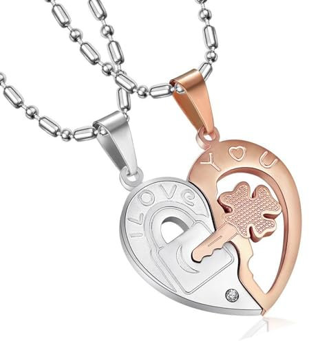 Puzzle Herz Pärchen Kette mit Gravur  I love you , Edelstahl Pärchen Herz Puzzle Halskette, Freundschaftskette, Halbes Herz Anhänger Halskette für Paare,Damen,Herren,Freund (Silber und Roségold)