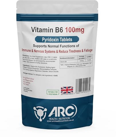 Vitamin B6 100mg Pyridoxine - High Strength B6 Vitamins - 60 Vegan Tablets - Made in UK
