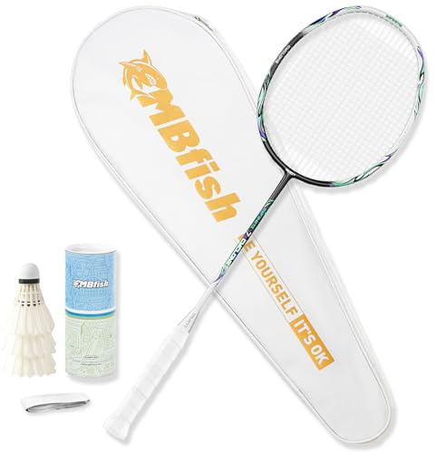 MBFISH Badminton Racket Set, Equipped with 1 Carbon Fiber Badminton Racket, 3 Shuttlecocks, 2 Replacement Grips, and 1 Badminton Bag - PHOT Series Perfect for Outdoor Sports 5U Sound Velocity 1P