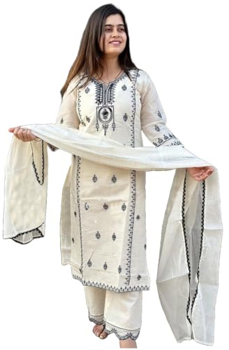 GoSriKi Women's Rayon Blend Straight Embroidered Kurta with Pant & Dupatta