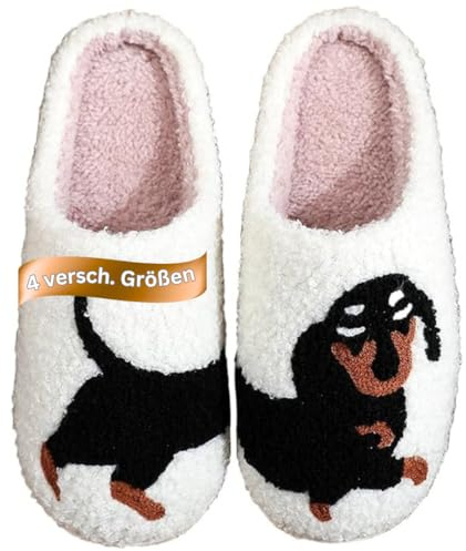 frechdachshund Pantofole da donna bassotto, morbide pantofole da donna, invernali, antiscivolo, in peluche, per calore e comfort, bianco, 42/43 EU