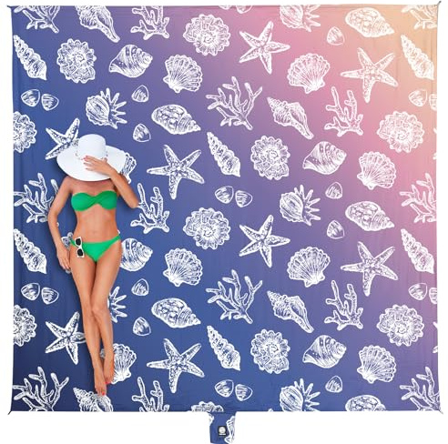 WEKAPO Beach Blanket Waterproof Sandproof & Sand-Free Beach Mat with Stakes & Built-in Storage Bag – Oversized, Extra Large, Perfect for Outdoor (Deep Blue Sea Shells, 8 X 7 FT (1~4 Person))
