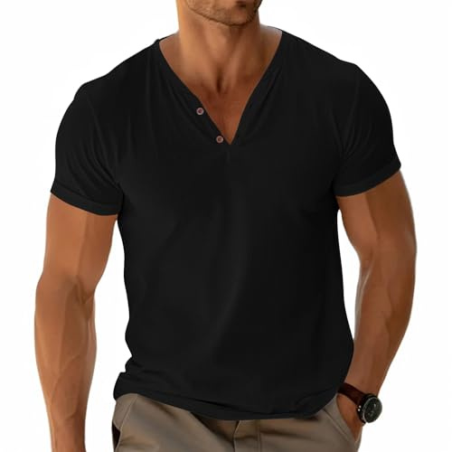 Hommes Henley T-Shirt Basic Tees Manches Courtes Hauts Décontracté Chemise Coton Bouton Col en V Léger Noir L