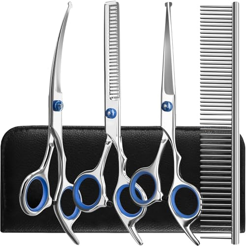 YSYONBOE Hundeschere Set Profi 5-in-1, 4CR Fellschere für Hunde Professionelle Hunde Scheren mit Rundspitze, Gebogene Schere Edelstahl Fellpflege Schere für Katze Hunde