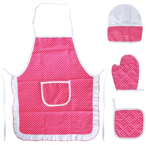 Kids Aprons for Girls, Toddler Chef Aprons with Pockets, Adjustable Children's Apron Set,Includes Chef Hat, Cooking Mitt, and Heat-Resistant Pad for Cooking, Baking, Painting, Crafting,Role Play