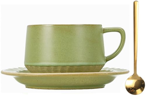 Quyimy Ceramic Coffee Mug Sets Tea Cup and Saucer Set, Porcelain Espresso Coffee Cup with Saucer and Golden Spoon, Valentines Mothers Birthday Christmas Gifts for Friend,300ml/10.5oz, Light Green