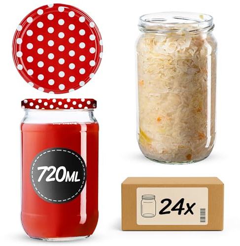 KADAX konserveringsburkar 720 ml med fi82 mm skruvlock, skruvburkar för konservering, inläggning och förvaring, konkokburkar, förvaringsburkar, fallburkar, gurkburkar (röd prickad, 24 stycken)