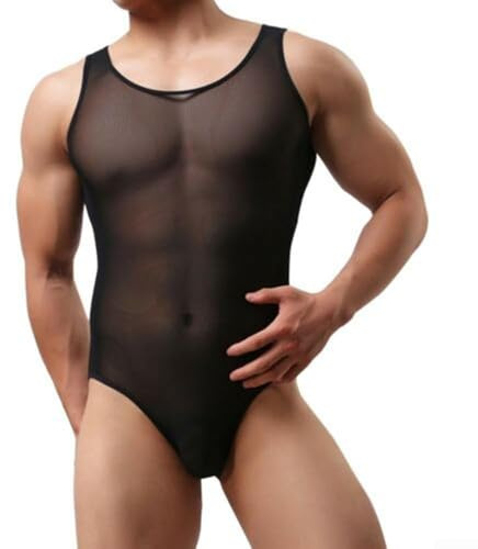 Elegante body para hombre en material transparente que ofrece un elegante diseño de suspensorio (negro)