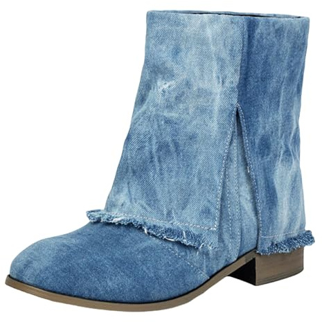 Smilice Bottines en jean pour femme - Talon bloc de 3,5 cm - Ourlet effiloché - Semelle antidérapante - Pour les loisirs et le campus