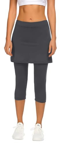 PINSPARK Jupe de Tennis pour Femme, Taille Haute, Short intégré sous Le Genou, Culotte 2 en 1, Jupe-Short de Course, Pantacourt Moulant, Pantalon de Yoga 3/4 avec Poches et Sortie pour écouteurs