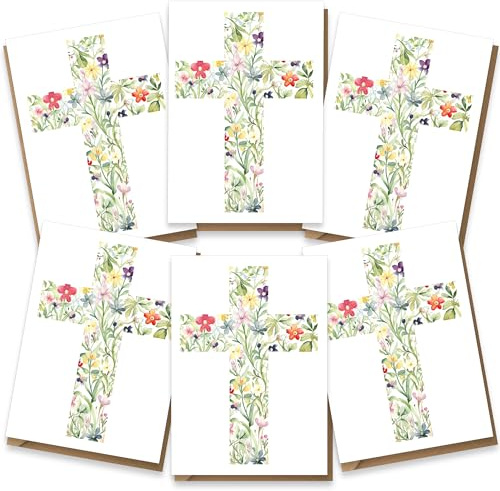 Easter Multipack Card Set, Religious Cards Pack of 6 - Thank You, Confirmation, Christening, Baptism, Sympathy - Floral Cross Design - Luxury Multi-pack of Six, Blank Inside with Premium Envelopes