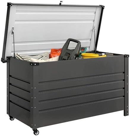 Outsunny Coffre d'extérieur de 350 L en acier renforcé, coffre de jardin avec couvercle verrouillable, pistons à gaz, roues et poignées latérales, récipient d'extérieur pour jardin, patio, piscine