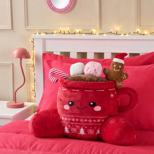 OHS Cuddle Cushion Red, Festive Hot Chocolate Fleece-Back Pillow with Arms | Christmas Decor Reading Pillow for Bed Adult Kids Soft Cosy Back Support Cushion Relaxing Comfy Gaming Cushion Hug Pillow