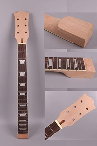 Yinfente Mahogany Electric Guitar Neck with Binding 22 Fret 24.75inch Rosewood Fretboard Trapezoid Inlay Set in Guitar Neck Replacement Unfinished