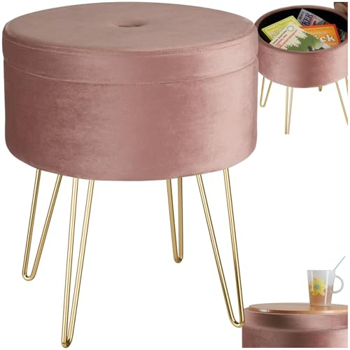 tectake® 3-in-1 Sitzhocker mit Stauraum, Aufbewahrungsbox mit Deckel, Stuhl und Beistelltisch, aus Samt, bis 300 kg belastbar, Pouf Hocker rund, Polsterhocker, für Schminktisch, als Fußablage - rosa
