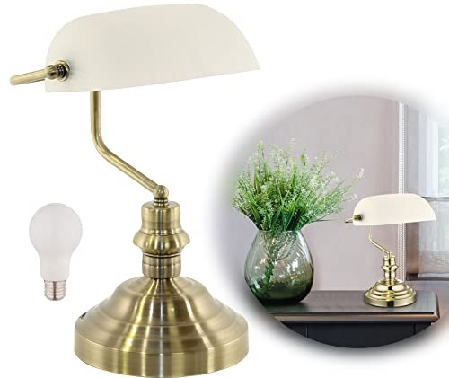 bmf-versand Bankerlampe Weiß Messing Retro - Schreibtischlampe LED mit Weißem Glas Lampenschirm - Banker Tischlampe Büro - Schreibtischleuchte mit Leuchtmittel E27 - Bürolampe Schreibtisch Antik