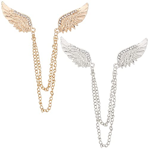 GORGECRAFT 2 Pcs Collier Clip Chaîne Strass Double Aile d'ange Broche Épingle avec Chaîne Suspendue Épinglette pour Mariage Fête Hommes Femmes Manteau Costume Col de Chemise Décoration Bijoux