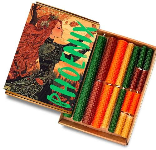 Phoenix Candle Company Mabon Lot de 18 bougies d'autel en cire d'abeille avec guide Mabon et roue de l'année – Roulées à la main