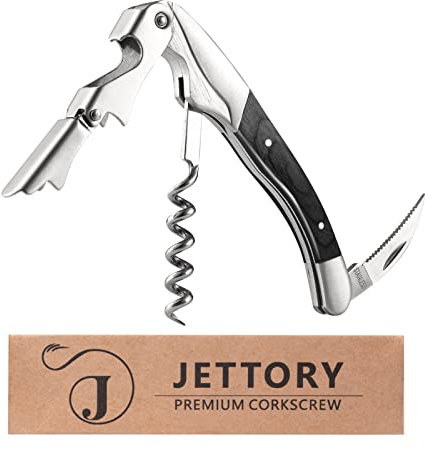 Jettory Cavatappi | Apribottiglie professionale da sommelier con tagliacapsule, apribottiglie e doppio cardine per bottiglie di vino | Apri bottiglie in acciaio inossidabile. (Ebano)
