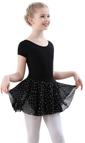 FONLAM Robe de Ballet pour Fille Coton Justaucorps Danse Gymnastique Manche Courte Ballet Tutu Paillettes (7-8 ans, Noir)