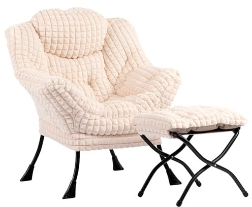 HollyHOME Fauteuil avec Repose Pied Fauteuil Relax, Fauteuil de Lecture Fauteuil Scandinave Fauteuil de Salon Fauteuil Chaise D'appoint, Peluche Beige
