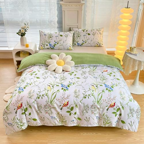E-yimeng Juegos de ropa de cama florales con diseño de pájaros y flores, juegos de fundas de edredón tamaño Superking, con 2 fundas de almohada con cremallera, reversible verde de lujo, calidad de