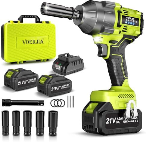 VOERJIA Clé à Chocs Sans Fil Brushless 1000 Nm (1050 Nm en Desserrage), 21V Boulonneuse à Choc 1/2 avec 2x 4.0Ah Batteries, 3 Vitesses, LED, Chargeur Rapide, 5 Douilles + Mallette