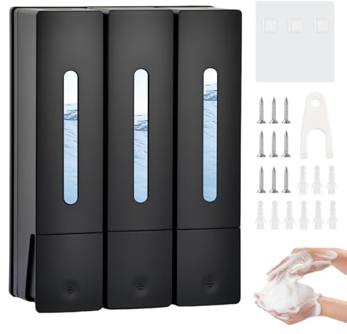 Dispensador Jabon Ducha Pared, Dosificador Jabon Baño 400ML, Dispensador Gel y Champu Ducha sin Perforación o con Tornillos para Baño Cocina Hotel Oficina, Negro (3 Camere)