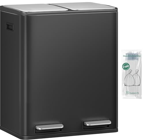 Hzuaneri Mülleimer Küche, 2 x 30 L, Mülltrennsystem 2 Fächer 60 L, Edelstahl-küchenmülleimer, Tretmülleimer, Abfalleimer Ruhiger Langsamer Abstieg, mit 15 Exklusiven Abfallbeuteln, Schwarz SW06099B