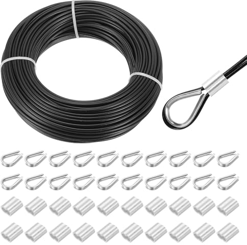 QUARKZMAN 50 meter x 3 mm vajer rostfritt stål, stålvajer spänntråd med 20 x pressöglor, hylsor och 20 x kauser, 304 gardinrep tvättlina för klätterväxter, svart