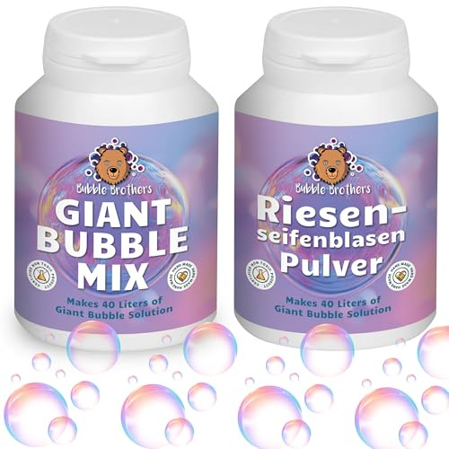 Bubble Brothers Polvo de burbujas gigantes de jabón – 2 x 160 g para 80 l líquido de burbujas – para juego de burbujas XXL y barra de burbujas – polvo de burbujas