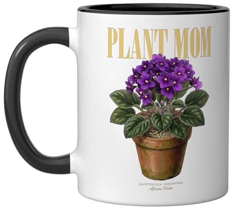 Vintage African Violet Plant Mom Nature Flora Gardener Ceramic Mug, Black/White