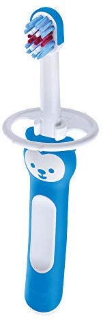 MAM Baby's Brush Zahnbürste für Neugeborene, mit Sicherheitsring, kleiner Kopf und kurzem Griff, für Milchzähne, 6+ Monate, Hellblau