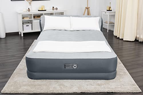 SleepLux Queen Air Mattress with Headboard | Supersoft Snugable Top, Extra Durable Tough Guard | Raised Airbed with Built in Pump + USB Charger (90x60x29) Grey