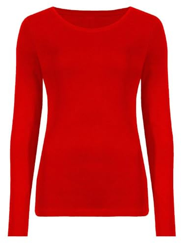 Hamishkane Ladies Long Sleeve Round Neck Plain Casual Basic Stretchy Fitted Womens T-Shirt Top Red