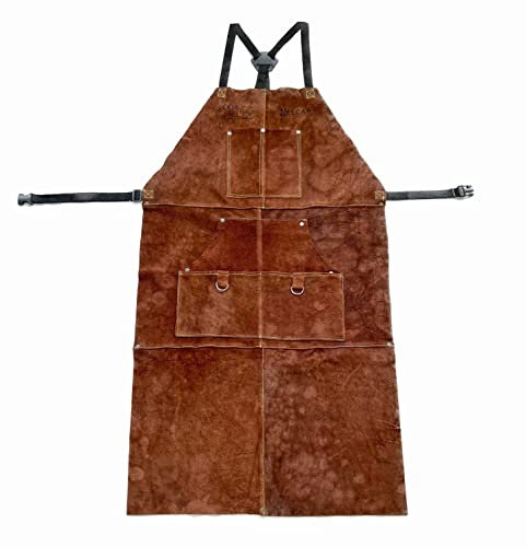 ELCAN Grembiule professionale ignifugo in pelle marrone per saldatura ad elettrodo, TIG, MIG, MAG, barbecue, grill, giardinaggio, caminetti, legna da ardere, forni...